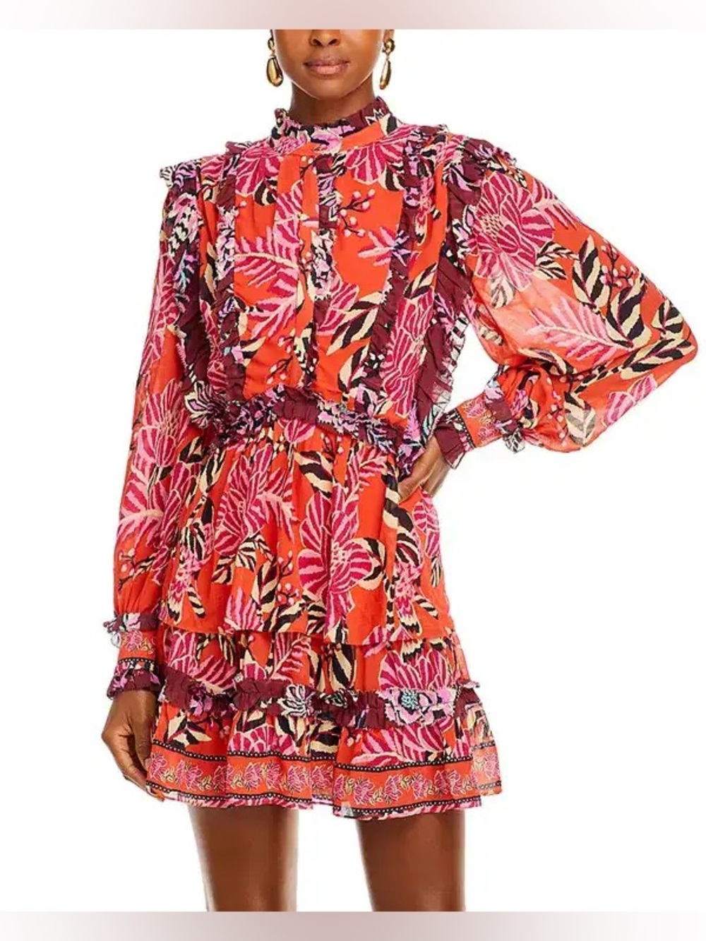 FARM Rio Pink and Orange Floral Ruffle Mini Dress